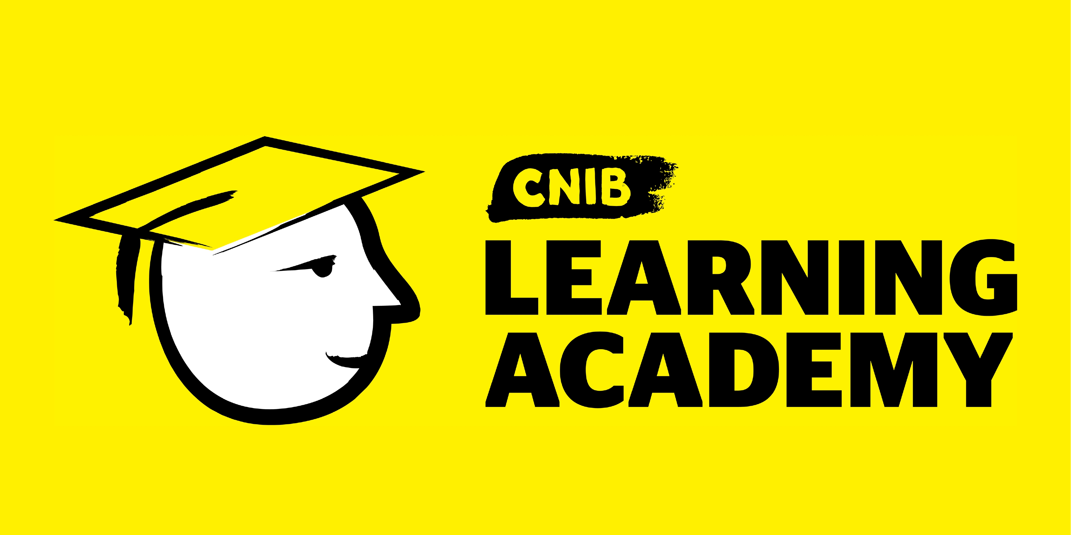 CNIB Learning academy logo. A graphic-art illustration of a smiling face/icon wearing a graduation cap with white accents. Text: CNIB Learning Academy