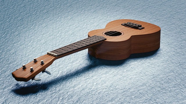 A Ukulele rests on the floor.