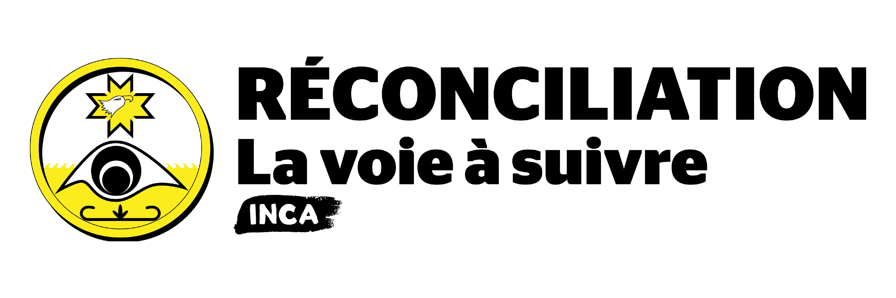 Icône de la réconciliation d’INCA. Une illustration graphique représentant un œil stylisé à l’intérieur d’un anneau ou d’un cercle. Texte: Réconciliation – La voie à suivre
