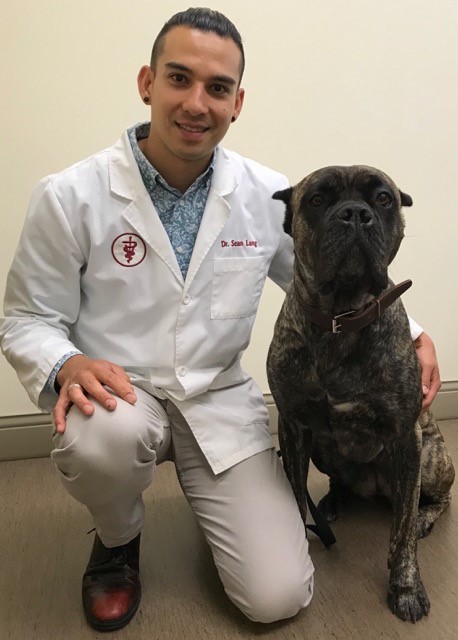 Dr Lang s’agenouille sur le sol à côté de son chien, Adelina. Dr Lang porte une blouse blanche de vétérinaire. Adelina est une chienne de taille moyenne, de couleur noire et marron foncé. 