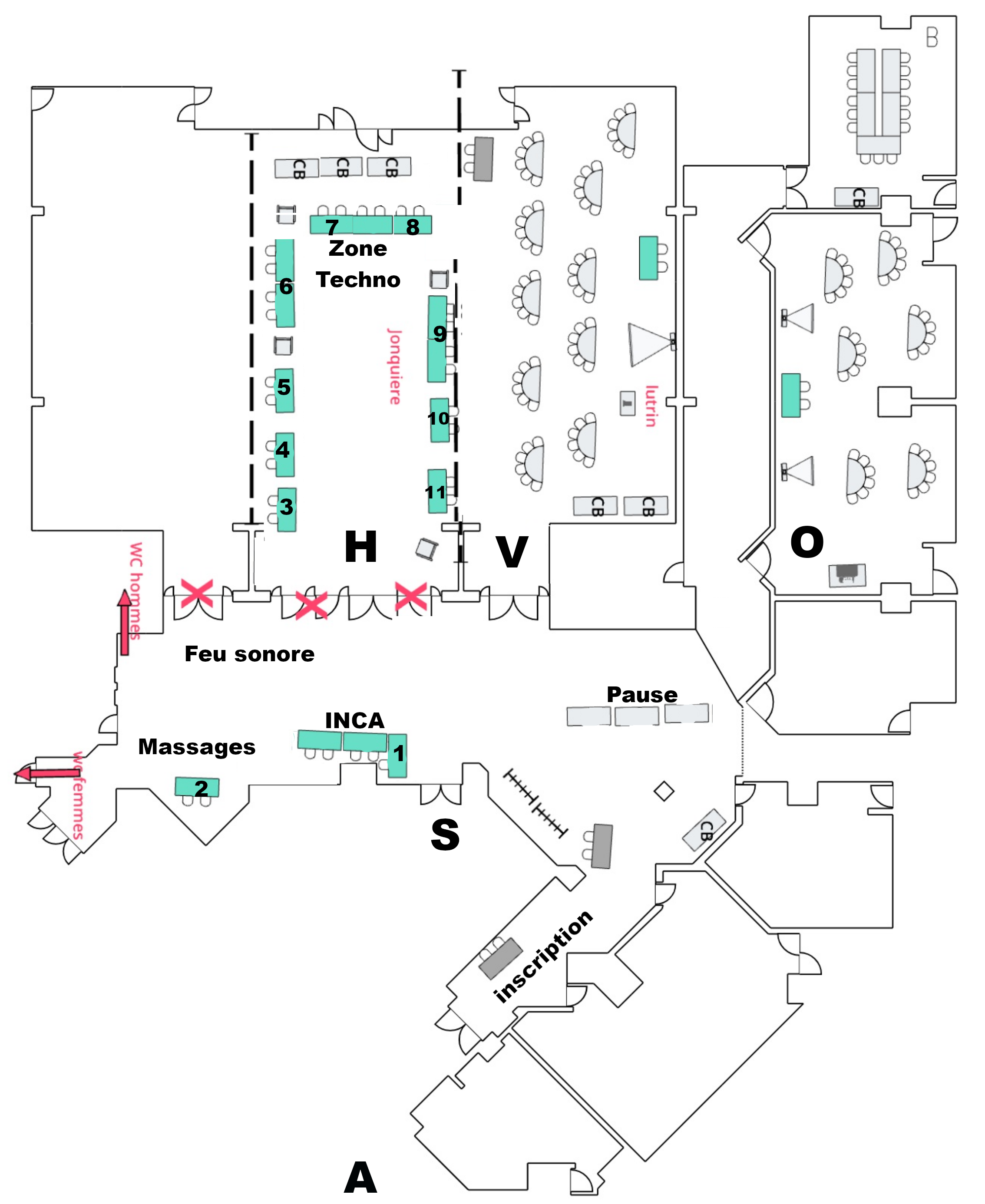 Plan de salle avec les tables d'inscription, INCA, les massages, les toilettes, la démo de feu sonore et les pauses dans le foyer, une salle pour les exposants et la Zone techno et deux salles de conférences.