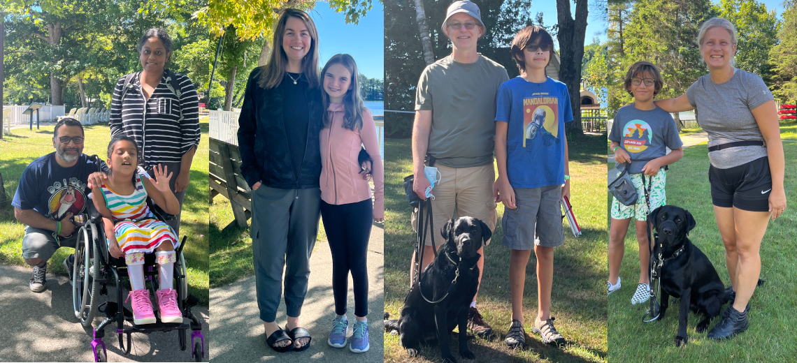 A collage of four photographs featuring 4 young participants, their parents, and their accompanying buddy dogs.