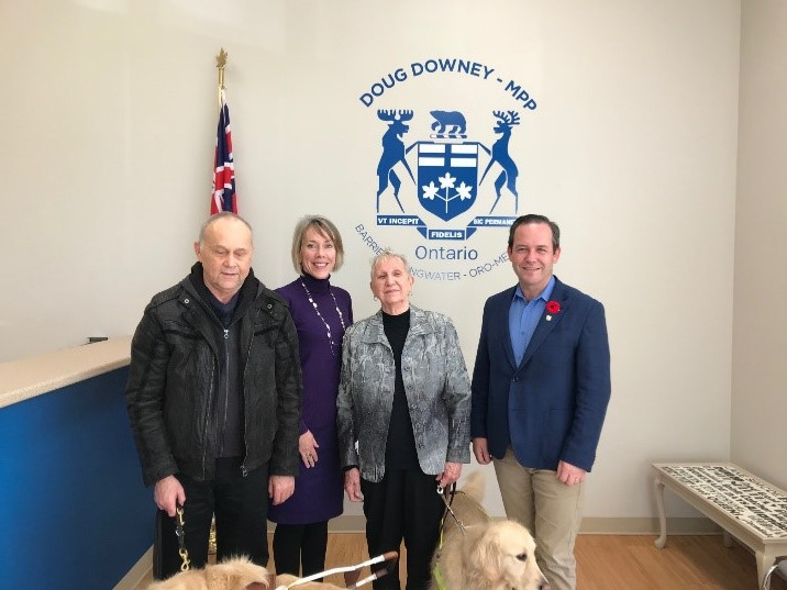 CNIB Simcoe/Muskoka advocates meeting with Doug Downey, MPP Barrie, Springwater, Oro-Medonte. Left to right: Jim Ronald (CNIB advocate), Sherri Helsdingen (Program Lead, Advocacy, Ontario North), Betty Meacher (CNIB advocate), MPP Doug Downey.