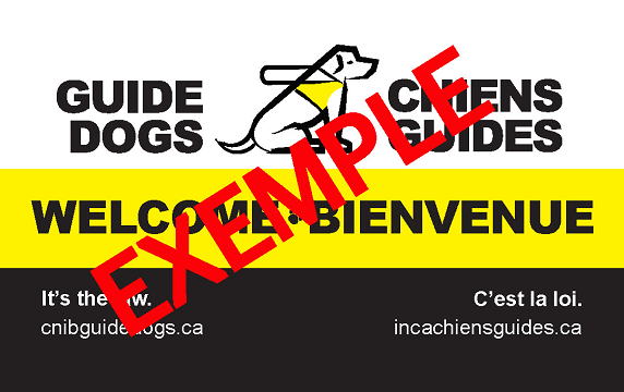 ​Icône d'une devanture de magasin et un échantillon de l'autocollant « Chiens-guides – Bienvenue ».