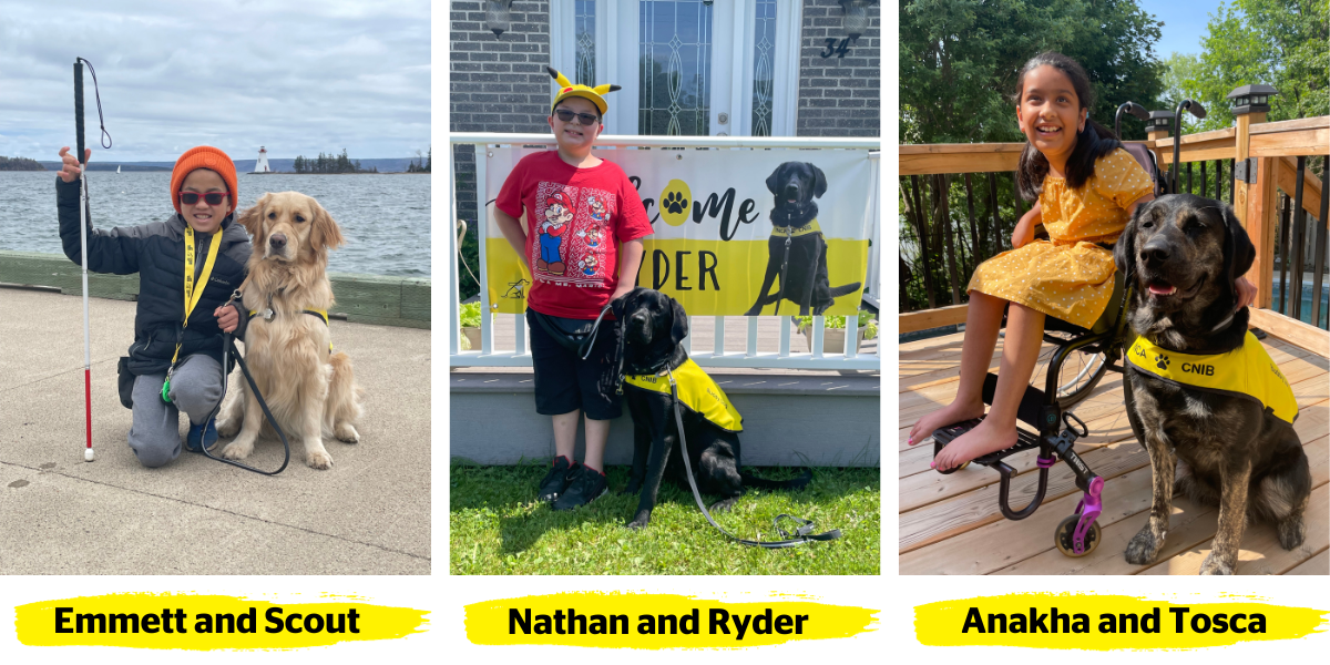 Left: Emmett and Scout. On the shorelines of a lake, Emmett kneels on the ground next to his buddy dog, Scout, who is a long-haired golden dog. Emmett smiles and holds his white cane in his right hand and Scout’s leash in his left hand. Centre: Nathan and Ryder. On a front lawn, Nathan stands on the grass next to his buddy dog, Ryder, who is a black lab. Behind Nathan is a giant banner taped to the front porch railing. The banner reads “Welcome, Ryder!” and includes a photograph of Ryder. Right: Anakha and Tosca. On a back porch, Anaksha, a wheelchair user, poses with her buddy dog, Tosca. Tosca is a black lab. Anaksha has her left arm on Tosca’s back, and she smiles. 