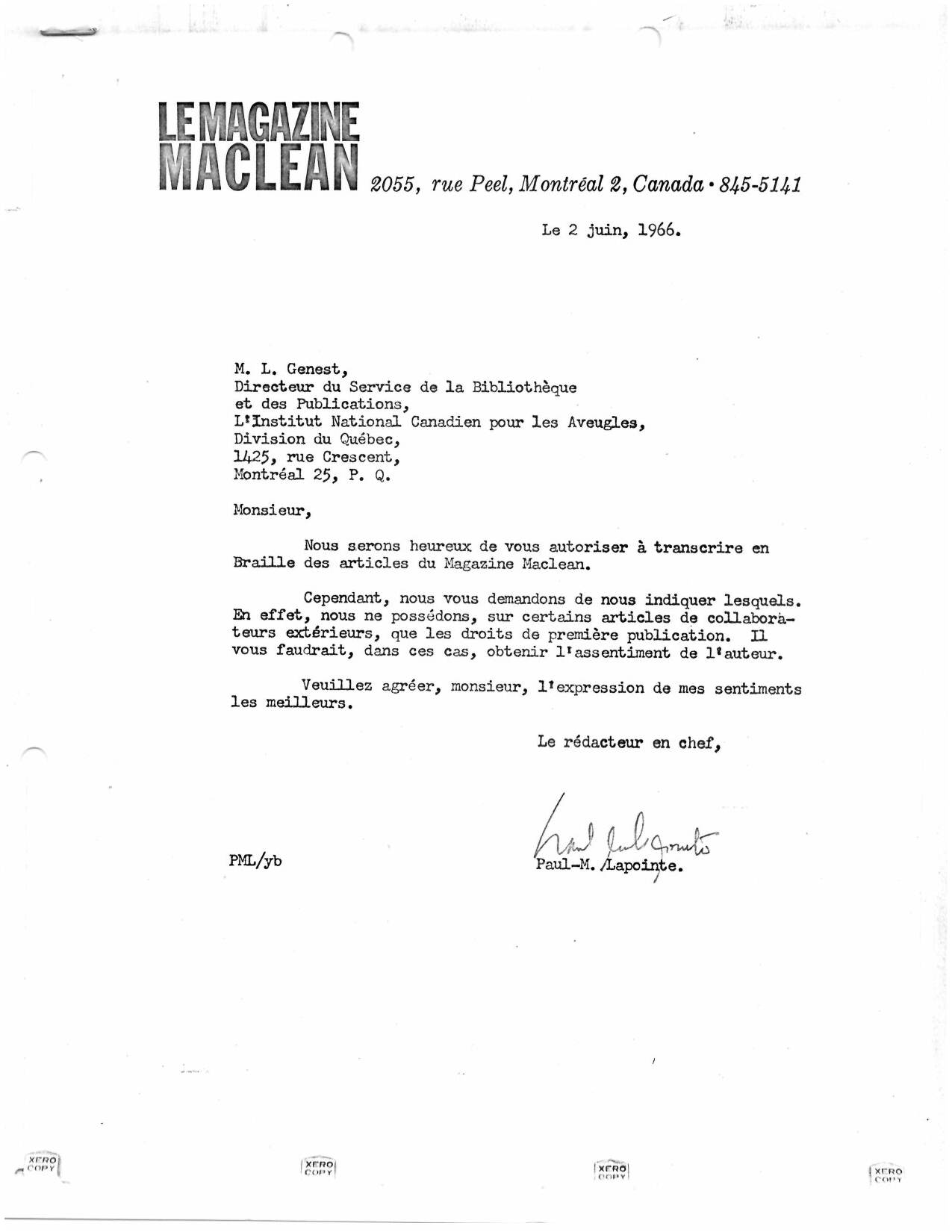 Archive de l'entente avec MacLean, datant de 1966 signé par le rédacteur en chef 