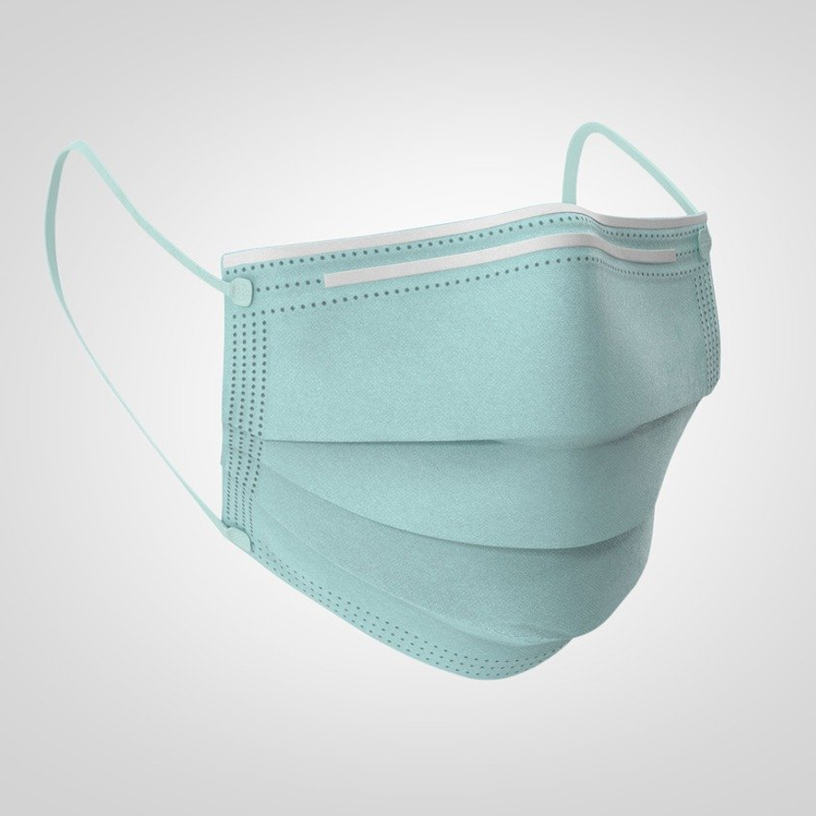 A disposable medical mask imposed on a whitebackground.