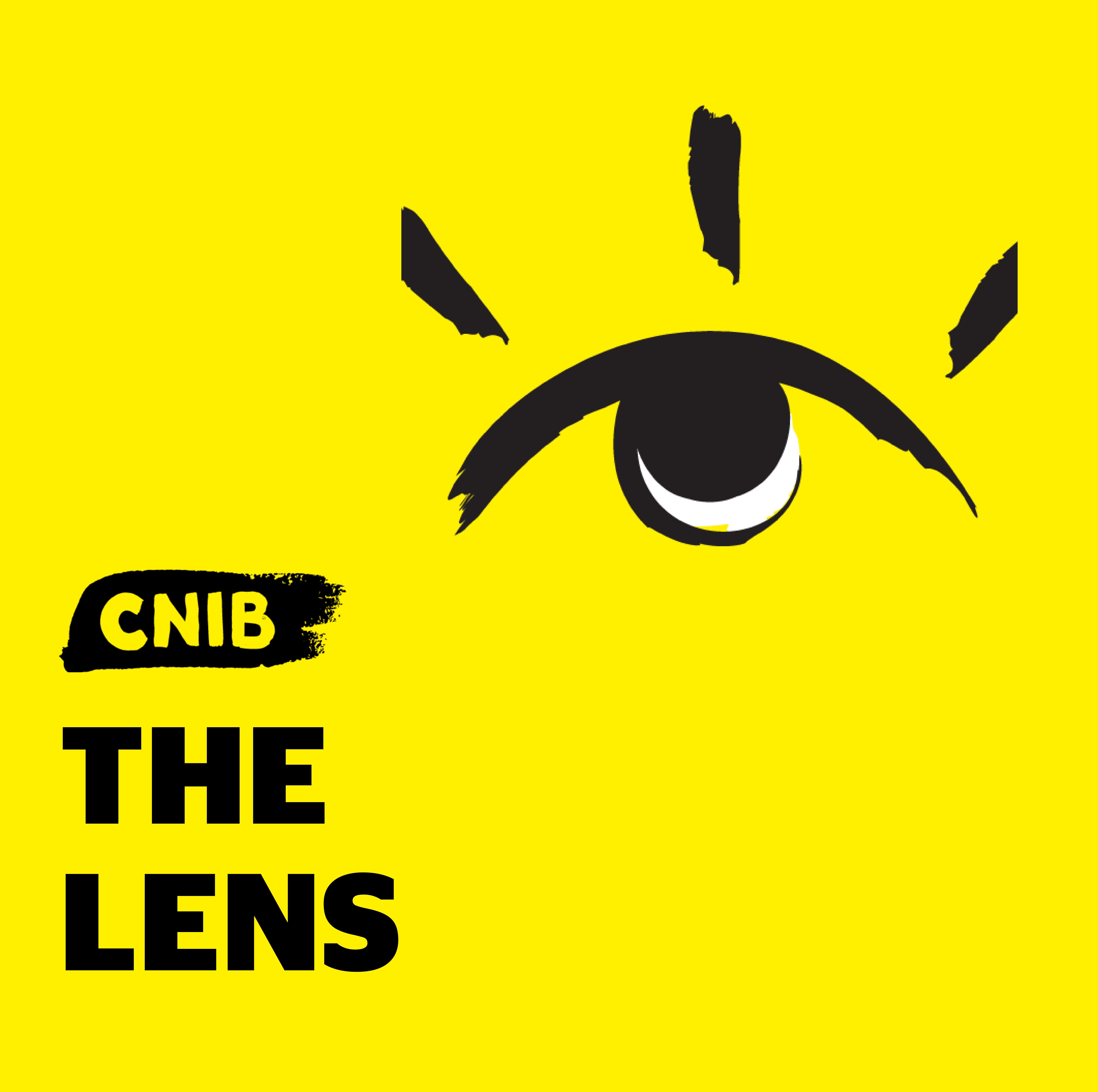 Le logo du balado The Lens. Illustration graphique d'un œil qui cligne des yeux et dont les contours sont dessinés au pinceau noir. Logo anglophone d’INCA. « J’ai beaucoup aimé la trousse envoyée avec les cours de formation «The Lens».