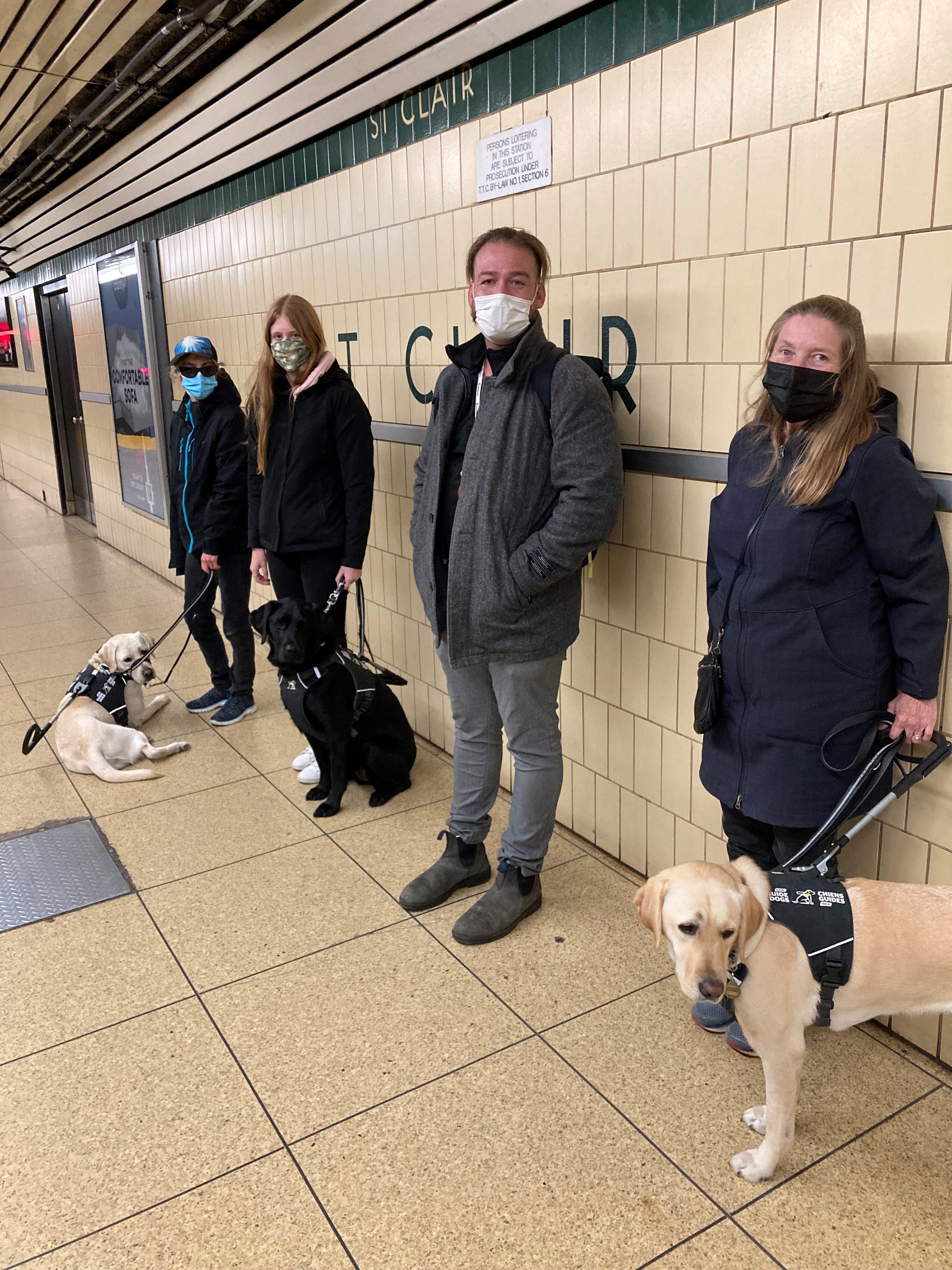 Four people with their Guide Dogs are standing against a wall at an underground Toronto city subway stop.