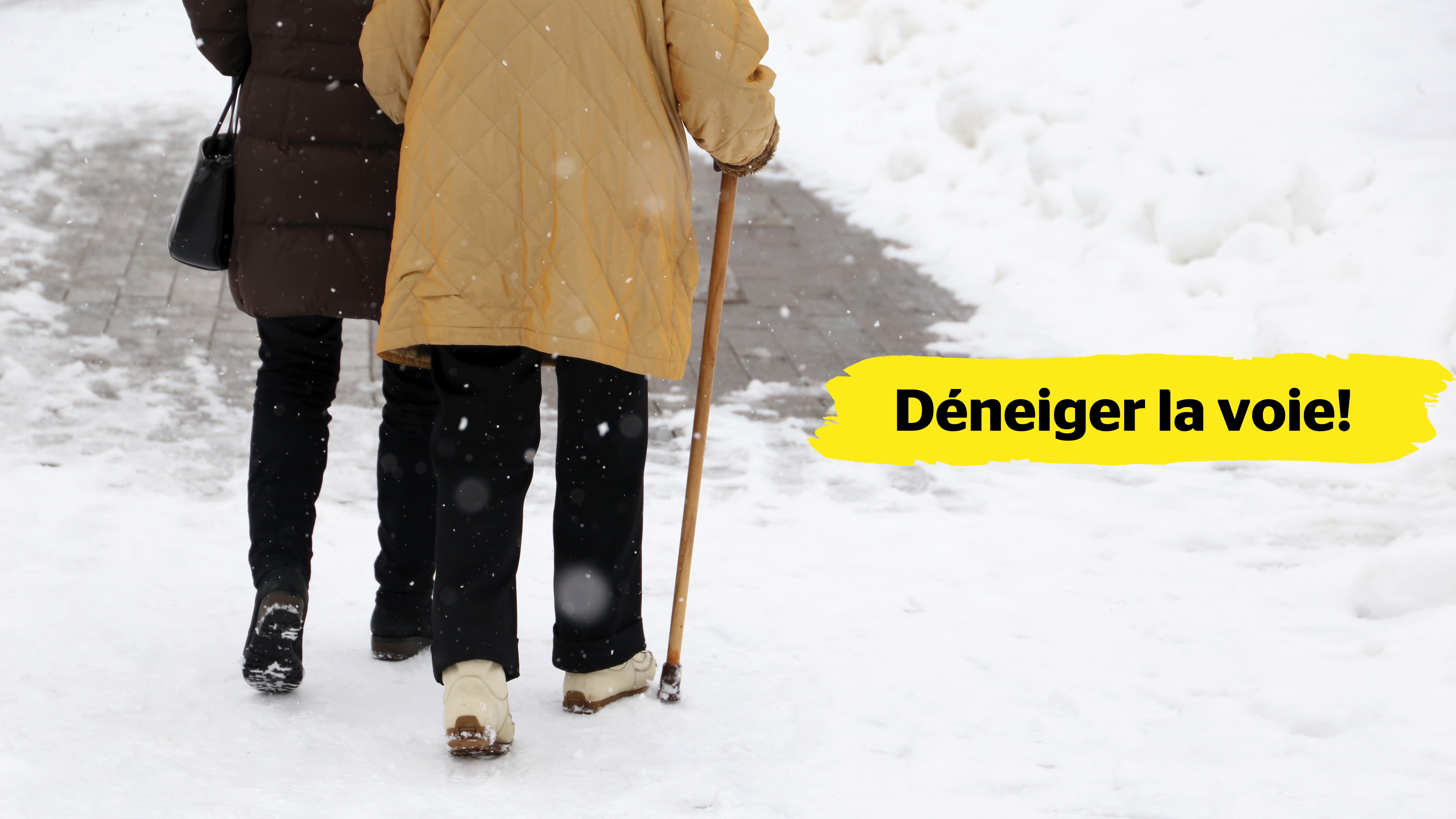 Deux personnes de dos marchent sur un sentier enneigé. Une personne âgée utilise une canne de marche et tient le coude de la personne qui l’accompagne.  Dans le centre de l’image, une bannière jaune affichant le texte « Déneiger la voie! » est superposée.