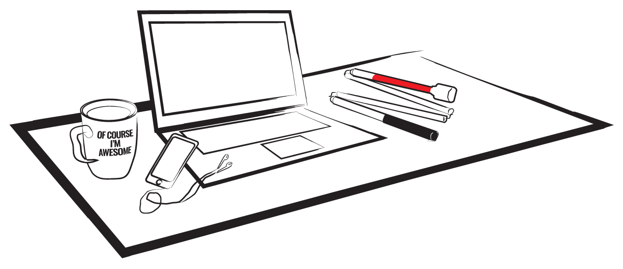 Un dessin de dessin animé d'un ordinateur portable assis sur un bureau. À droite de l'ordinateur portable se trouve une canne blanche. À gauche de l'ordinateur portable se trouvent une tasse à café et un smartphone avec des oreillettes.