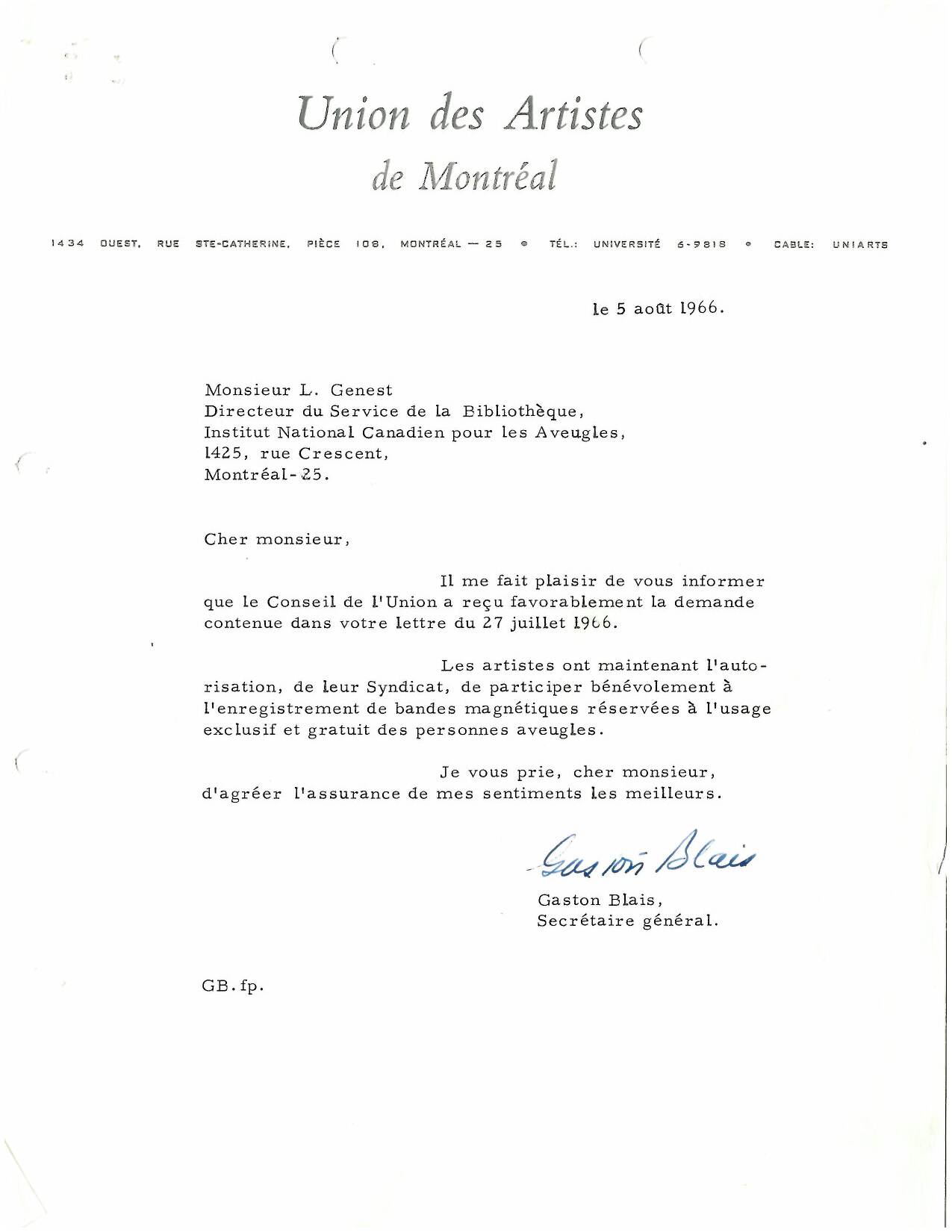 Archive de l'entente avec l'Union des artistes, datant de 1966