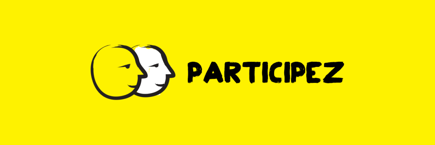 Un bannière jaune avec deux icônes de têtes souriante, avec le texte : participez.