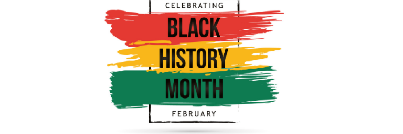 An index card with three different brushstrokes. One brushstroke in red, one in yellow and one in green colours. Text: Celebrating Black History Month. February.