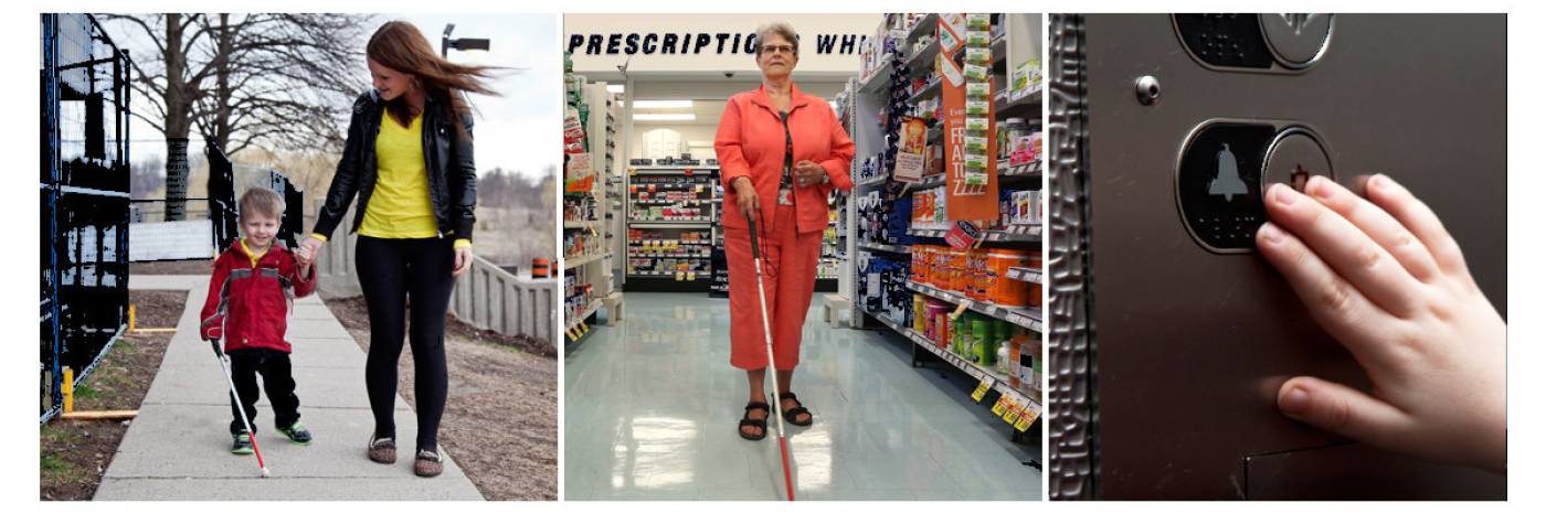 Un collage de deux photographies. À gauche, un jeune enfant tient la main de sa mère et une canne blanche. Il marche le long d'un trottoir. À droite, une femme âgée a une canne blanche et marche dans l'allée d'une pharmacie.