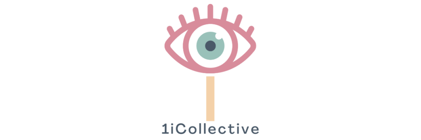Le logo de 1iCollective Illustration d’un œil avec un contour rose et un iris bleu. Sous l’œil se trouve une ligne verticale de couleur pêche et le texte : 1iCollective.