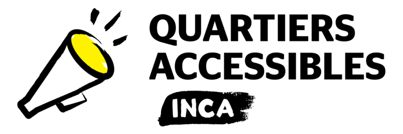 Logo du projet Quartiers accessibles d’INCA avec une icône de porte-voix aux couleurs jaune et noir d’INCA.