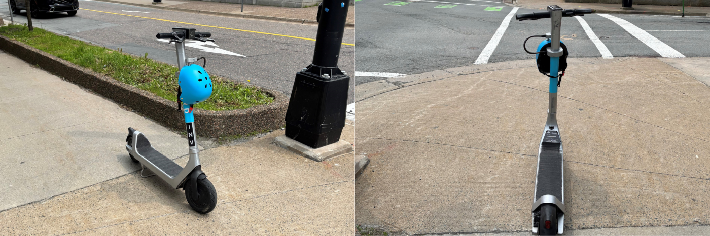 Deux photos disposées côte à côte montrant un scooter électrique gris garé au milieu d'un trottoir pour piétons, avec un casque bleu posé à l'avant du scooter.