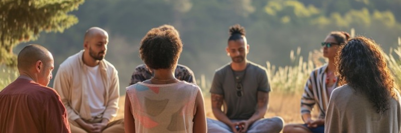 Un groupe hétéroclite d’adultes est assis en cercle à l’extérieur, sur des couvertures, dans un cadre naturel paisible. Entourés d’arbres et de hautes herbes, les participants se livrent à un exercice de méditation.