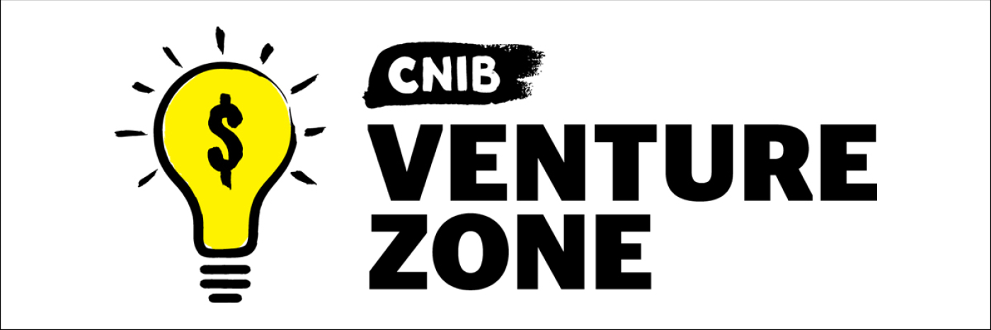 Illustration du logo du jeu Venture Zone, qui montre une ampoule jaune vif sur laquelle se trouve un signe de dollar et flanquée des mots « CNIB Venture Zone ».