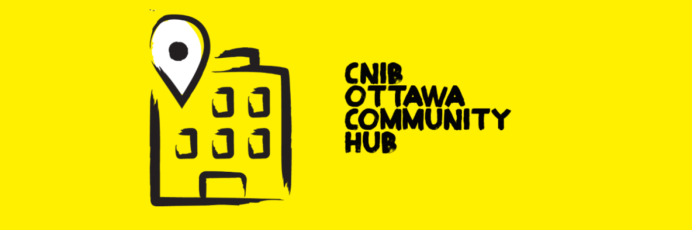 Illustration d'un bâtiment extérieur décrit dans un style de peinture épaisse, noire. Texte "Centre communautaire d’INCA d’Ottawa."