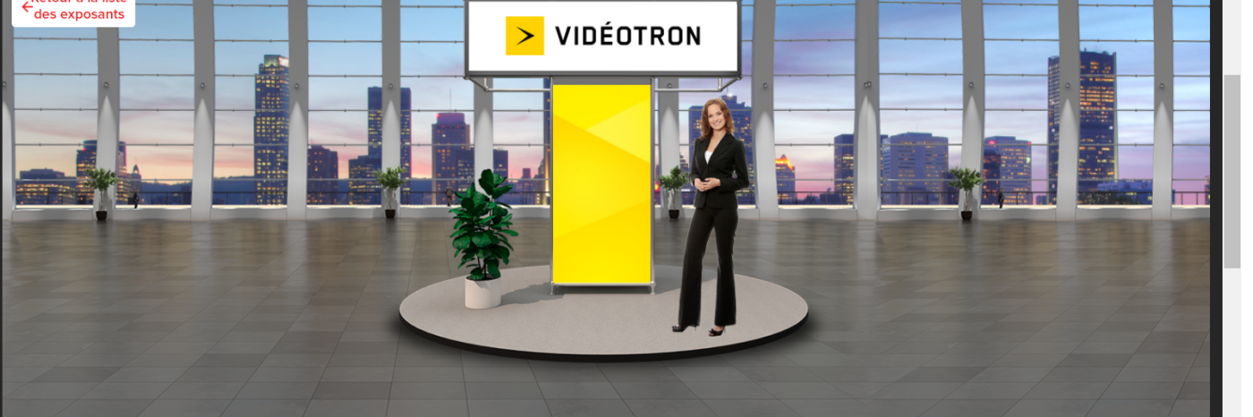 L'avatar d'une femme en face d'un kiosque virtuel ayant le logo de Vidéotron.