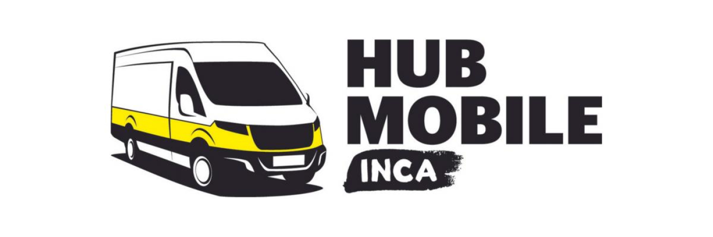 Logo du Hub mobile d'INCA. Icône d'une fourgonnette aux couleurs d’INCA. Texte : Hub mobile d'INCA.