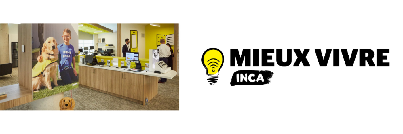 Photo d'un magasin de détail Mieux Vivre d'INCA avec divers appareils technologiques dans un espace lumineux et moderne. Vis-à-vis de cette photo, le logo Mieux Vivre d'INCA représenté par une ampoule électrique. 
