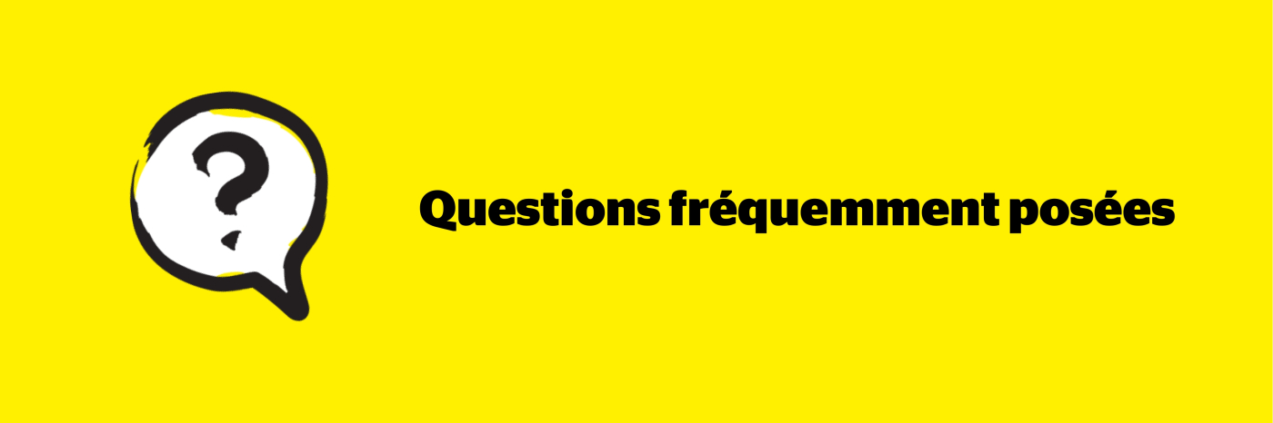 Bannière jaune avec l'icône d'une bulle de dialogue aux couleurs jaune et noir d'INCA. À l'intérieur de la bulle se trouve l'icône d'un point d'interrogation. À droite de l'icône, le texte : FAQ