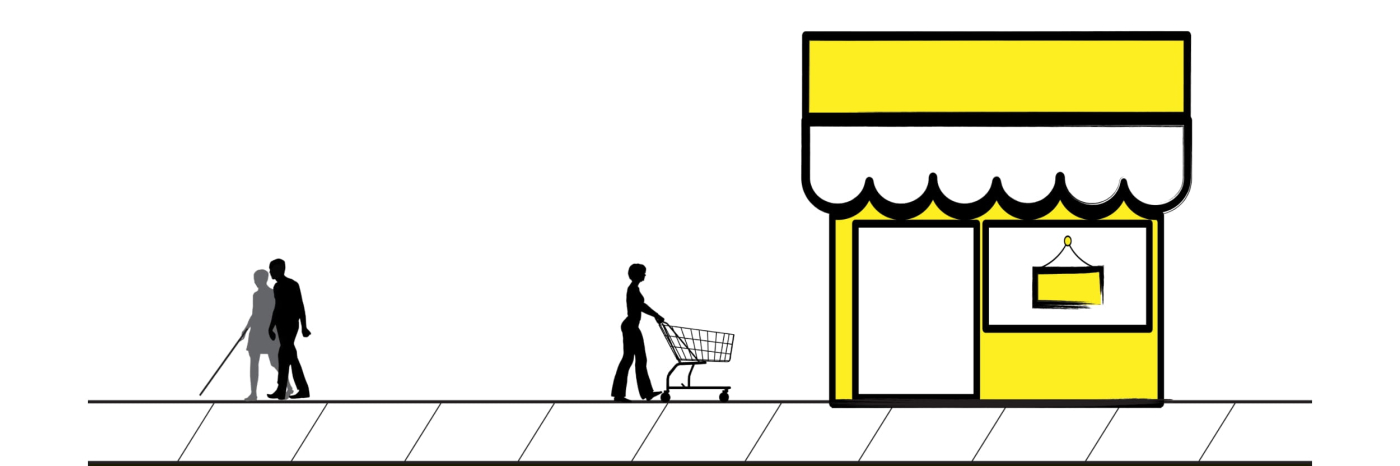 Une illustration de trois personnes marchant sur un trottoir en ville. L'une des icônes a une canne blanche et est accompagnée d'une personne qui sert de guide aux voyants. À droite d'elles se trouve l'icône d'une femme poussant un panier d'épicerie. La femme entre dans un commerce. 