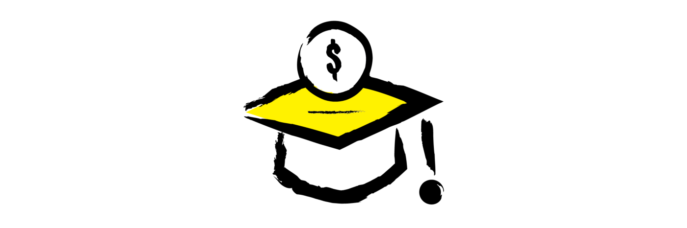 Image d'un chapeau de diplômé surmonté d'un signe dollar. Le chapeau est dessiné en noir au pinceau avec des accents jaunes.