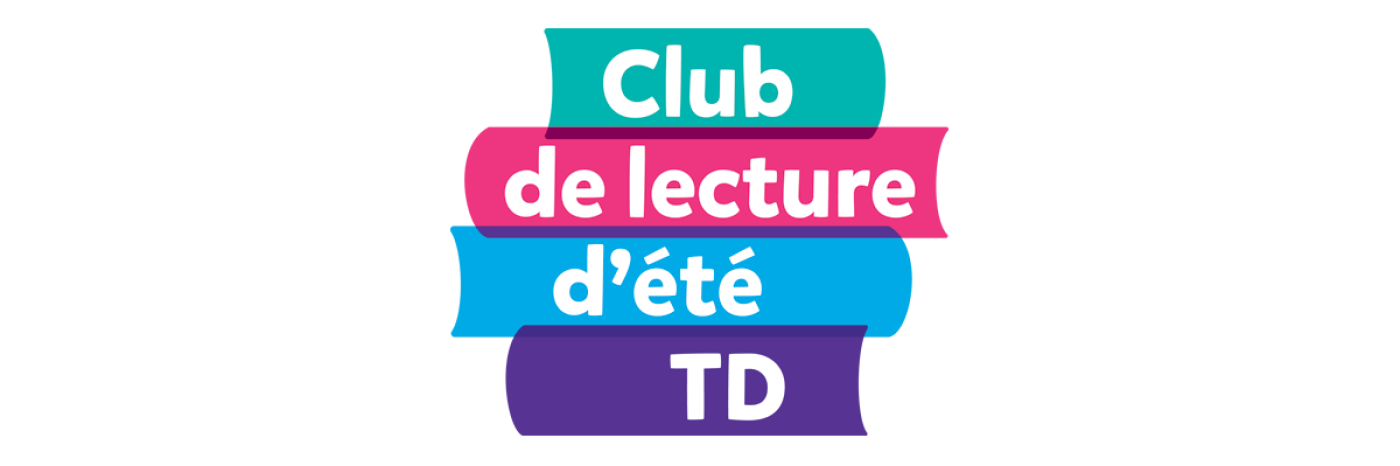 Le logo du Club de lecture d'été TD. Le graphisme ressemble à une pile de livres multicolores. Texte : Club de lecture d'été TD