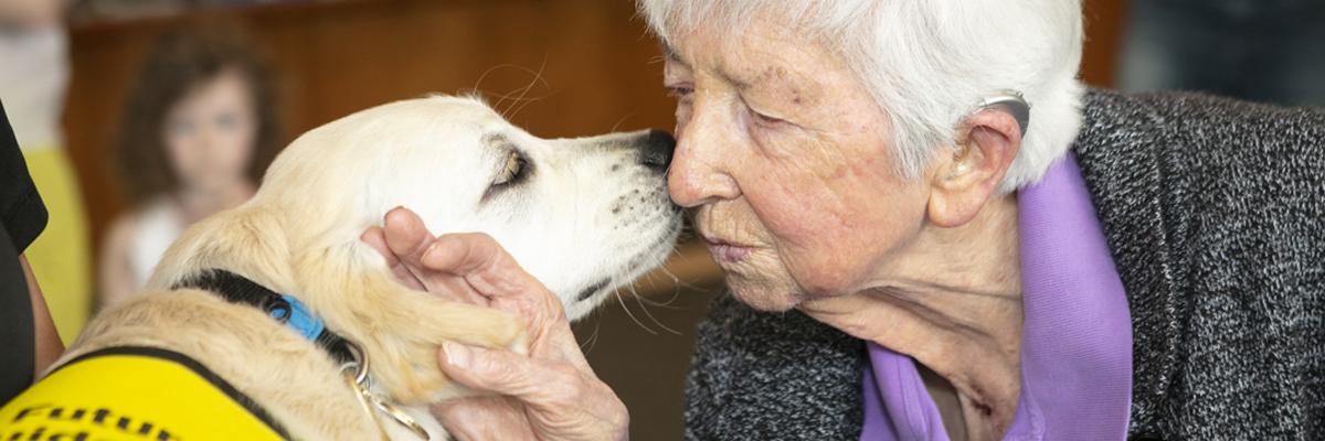 Une femme qui reçoit un bisou d’un jeune Golden retriever jaune.