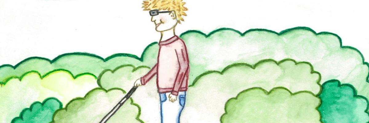 Illustration of Tommy from “Tommy Wants a Guide Dog”, a boy walking along a sidewalk using a white cane.