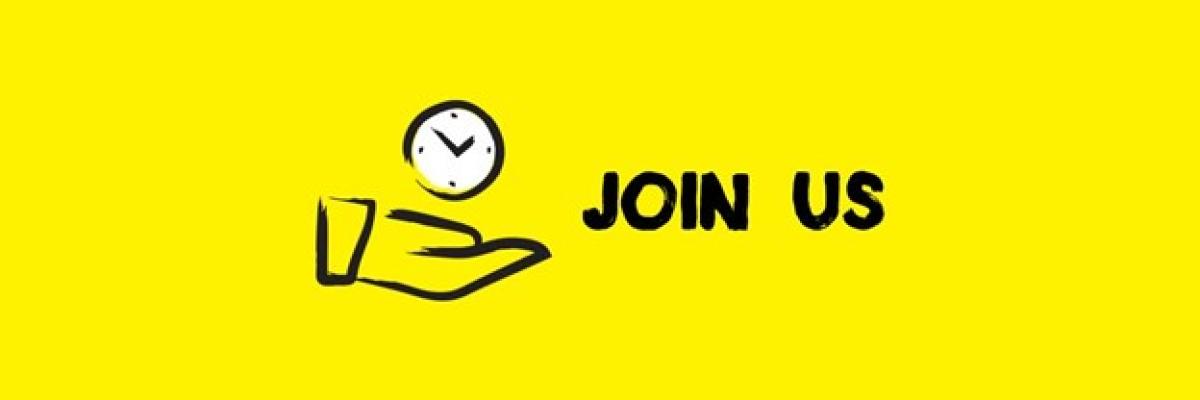 An icon of a hand with a white clock hovering above with the words ‘join us’ beside it in black on a solid yellow background.