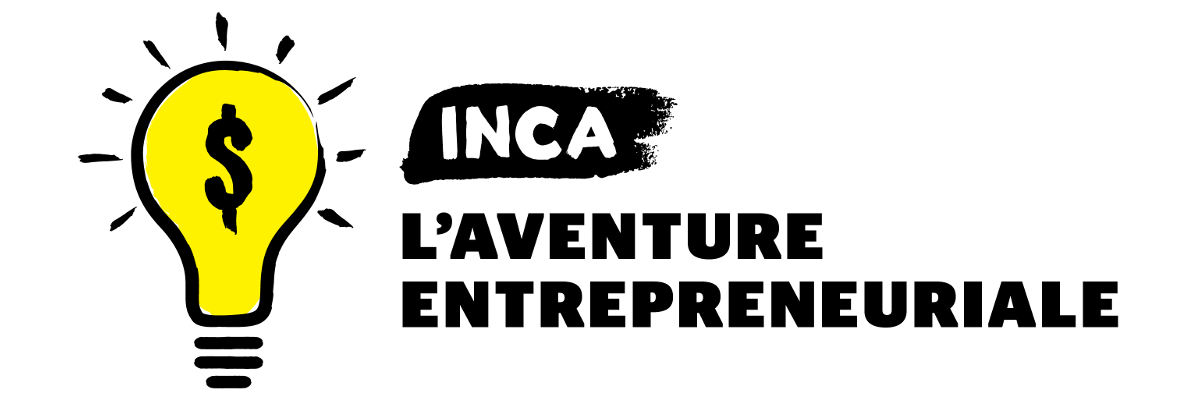 Illustration du logo du jeu Venture Zone, qui montre une ampoule jaune vif sur laquelle se trouve un signe de dollar et flanquée des mots « INCA L'Aventure Entrepreneuriale »