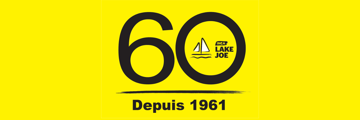 Logo Lake Joe INCA 60. Un grand « 6 » et un « 0 » avec le logo du voilier Lake Joe d'INCA à l'intérieur du « 0 ». Texte : Depuis 1961