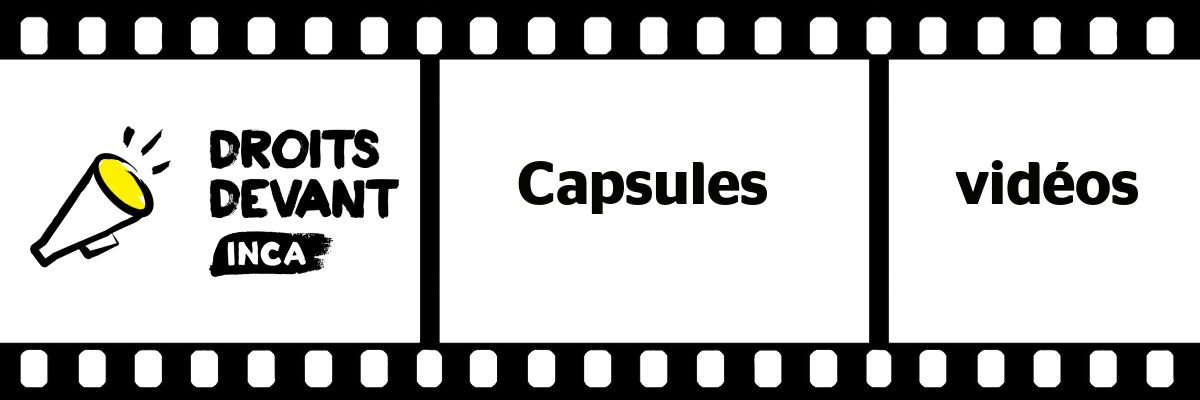 Dessin d'un film de caméra avec le logo Droits Devant! et le texte: Capsules vidéos