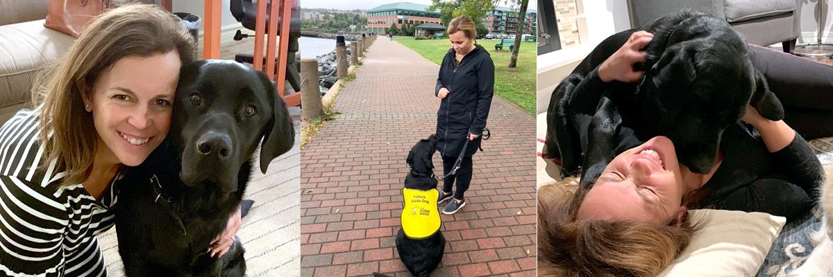 De gauche à droite : Denise accroupie à côté de Harlow, le bras autour de lui, et Denise en train de s’exercer avec Harlow, qui est assis et porte sa veste de futur chien-guide, devant le front de mer à Halifax. 