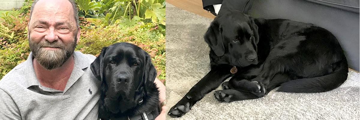 Collage de deux photos. 1 : Mike assis avec son bras autour de son chien-guide Éric. 2 : Éric, un chien noir, allongé par terre