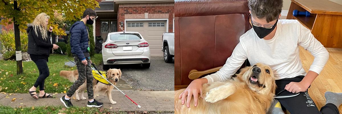 Joshua marchant sur le trottoir avec sa canne, un membre de sa famille et son chien compagnon Félix; Joshua assis par terre dans le salon avec Félix couché sur son genou