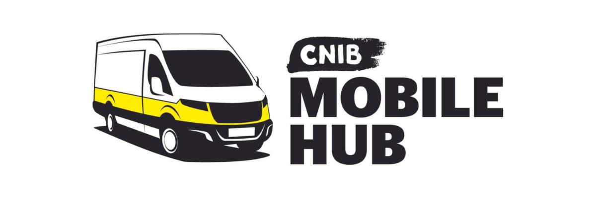 CNIB Mobile Hub logo. A graphic art illustration of a white cargo van outlined with yellow and black accents. Text: CNIB Mobile Hub.