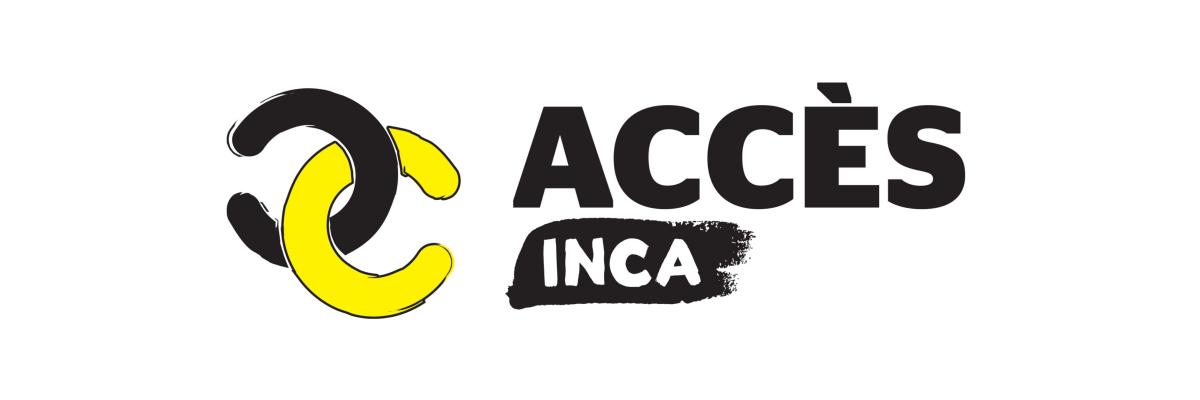 Logo d'Accès INCA Illustration qui simule deux lettres « c » reliées comme une chaîne. Un dessin en miroir, le « c » noir tourné vers l'arrière est relié à un « c » jaune tourné vers l'avant. Texte : Accès INCA.