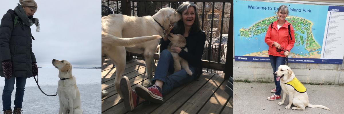 Jane sourit, assise sur une terrasse en plein air, avec Sparkie qui se tient à côté d’elle et lui lèche le visage. Scout est assis sur les genoux de Jane et regarde Sparkie