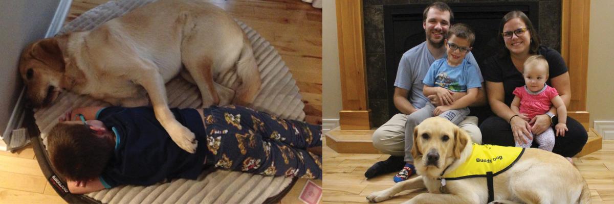 Julien and his Buddy Dog, Victor, are laying next to each other on Victor’s dog bed on the floor. Victor’s paw is on Julien’s back; Julien is sitting on his father’s lap to the left of his baby sister sitting on his mother’s lap. Victor is laying on the floor in front of the four of them.