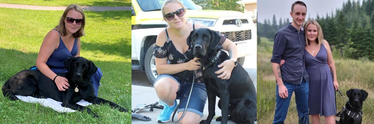 Taylor sits in the grass with her arm around her Guide Dog, Wallace, who is laying in her lap in a sunny park; Taylor is kneeling on the sidewalk with her arm around Wallace who is seated to her right; Taylor, her partner, and Wallace are standing in a field of grass and trees, Taylor and her partner have an arm around each other.