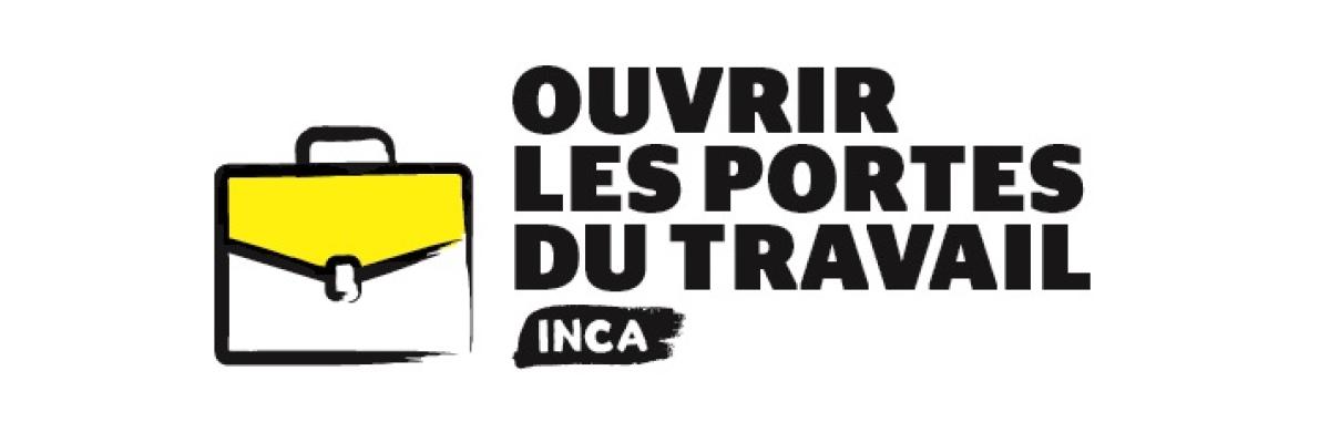 Logo du programme Ouvrir les portes du travail avec l'icone d'une mallette aux couleurs noir et jaune d'INCA