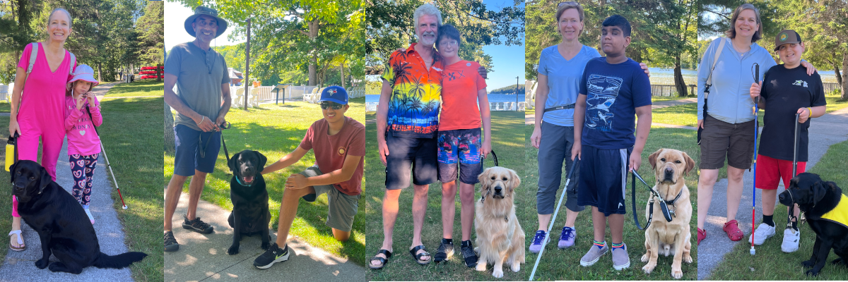 A collage of five photographs featuring 5 young participants, their parents, and their accompanying buddy dogs.