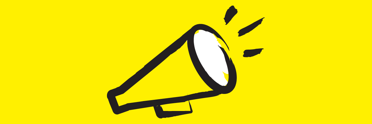 An illustration of a megaphone outlined in a black paintbrush-style design with yellow accents