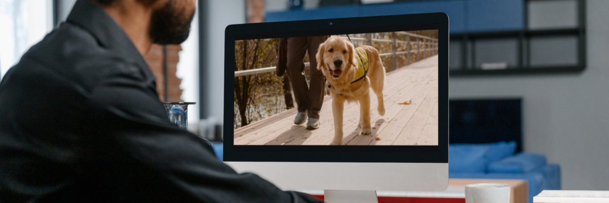  A young man sits at a desktop computer. Displayed on his computer screen is a back issue of the Guide Dog Gazette.  